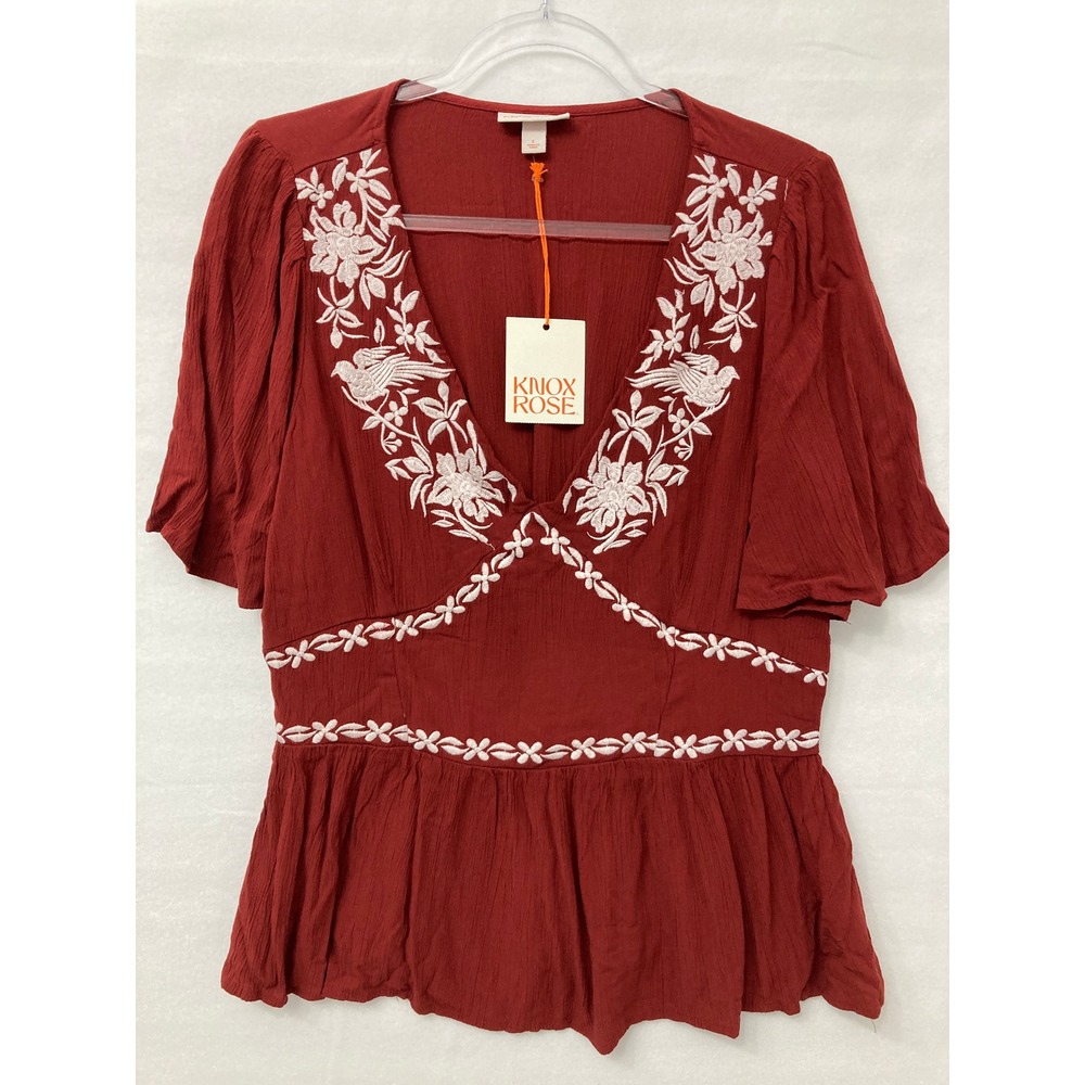 New Knox Rose Embroidered Peplum Blouse Large Red Boho Short Sleeve Top